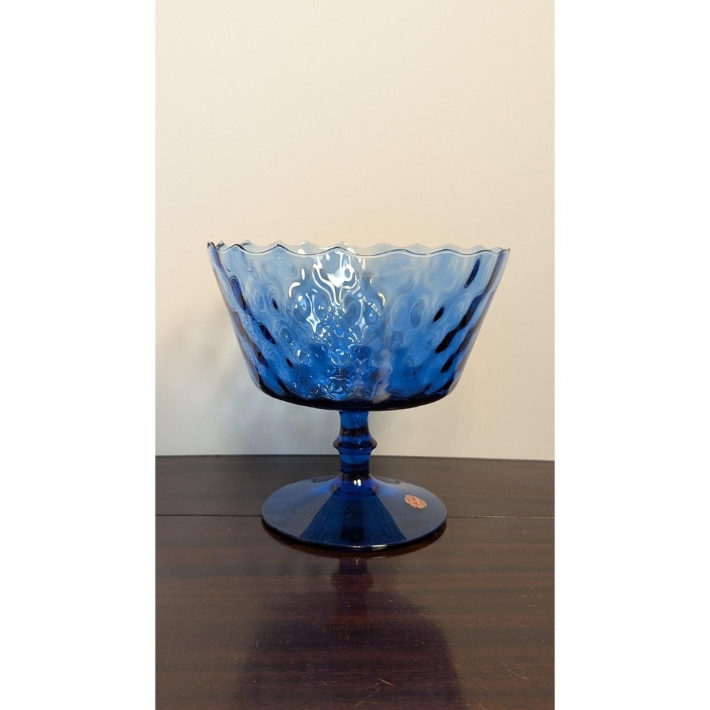Vintage Italian Cobalt Blue Art Glass Compote Pedestal Bowl Scalloped Rim MCM